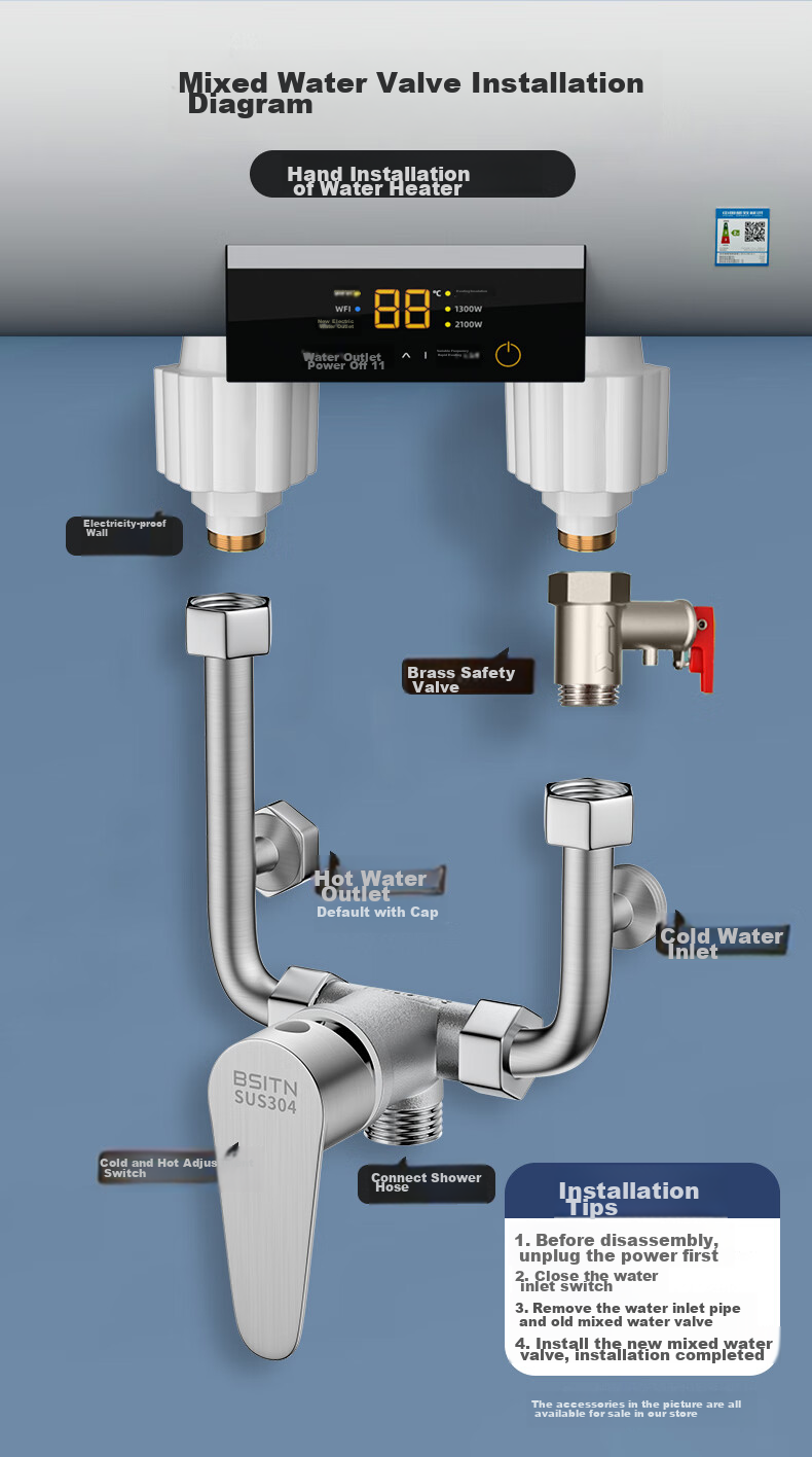 BSITN Electric Water Heater Mixing Valve, 304 Stainless Steel Shower Switch, Hot And Cold U-Shaped Valve, Surface-Mounted Shower Faucet Accessories, B039 4
