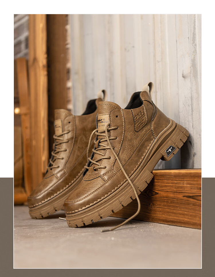 Bull Family Martin Boots Men New British Style Mid-High Casual Shoes Outdoor Fleece-Lined Warm Work Boots for Men 14
