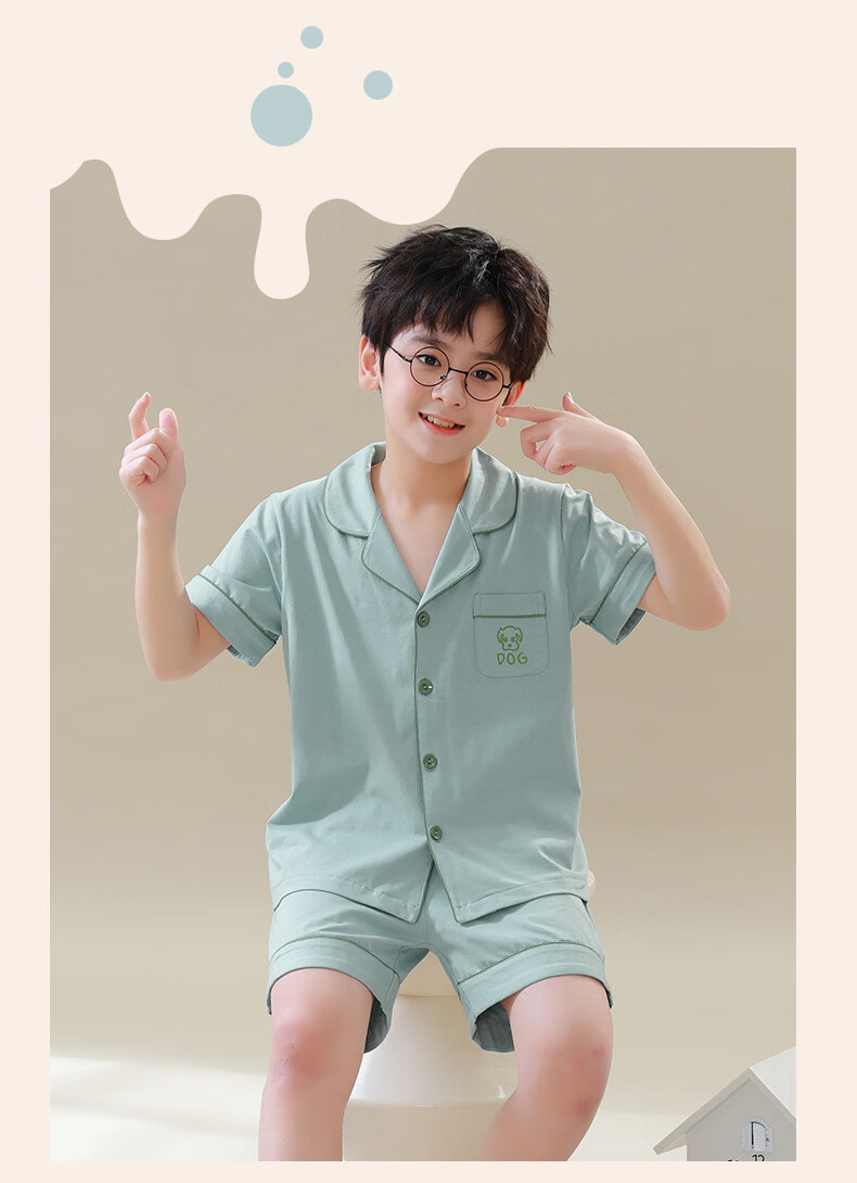 Hengyuanxiang Children's Pajamas, Boys' Pure Cotton Summer Thin Short-Sleeve Loungewear, Cardigan Sleepwear And Pajama Pants Set 6