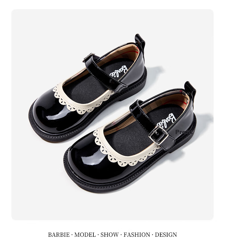 Barbie Children's Shoes, Spring And Autumn Leather Shoes for Girls, British Style Princess Shoes, Performance Shoes, Academic Style Flats DA5825, Black, Size 29 3