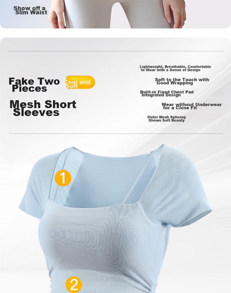 XUEXIMAN Faux Two-Piece Yoga Top for Women, Summer Short Sleeve with Built-In Bra Pads, Pilates Workout Fitness Wear 2