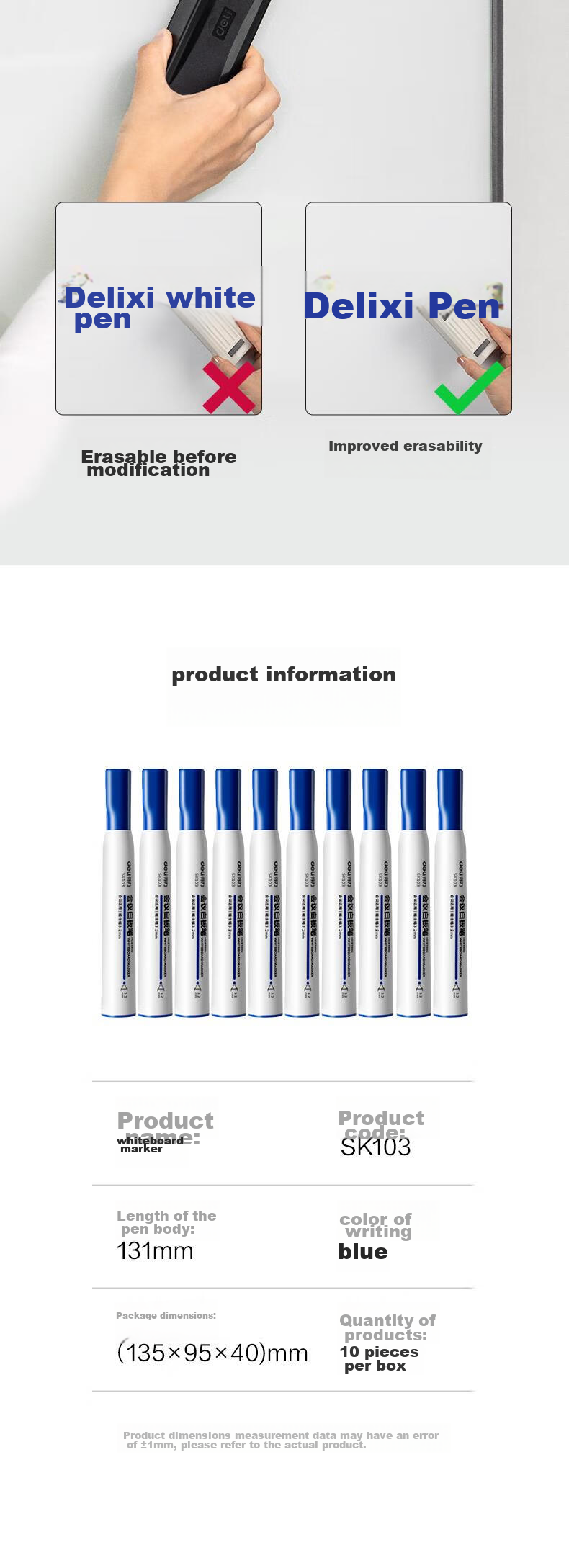 Deli Chubby Whiteboard Markers Bold Lines, Erasable, Easy to Erase Smooth Writing, Durable For Office, Teaching, And Meetings Blue, 10 Pcs/box SK103 5