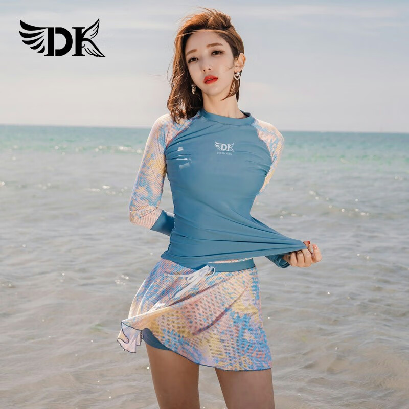 DK Women's Two-Piece Swimsuit, Korean Ins Style, Conservative, Tummy-Concealing, Slimming, for Hot Springs And Sports Swimming, Light Blue Floral Pattern, Long Sleeve Skirted, Size M