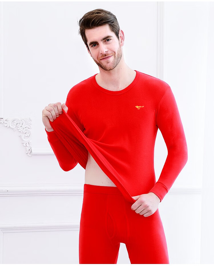 SEPTWOLVES Men's Red Cotton Thermal Underwear Set for the Year of the Horse, Round Neck Autumn Top and Bottom Gift Box 2
