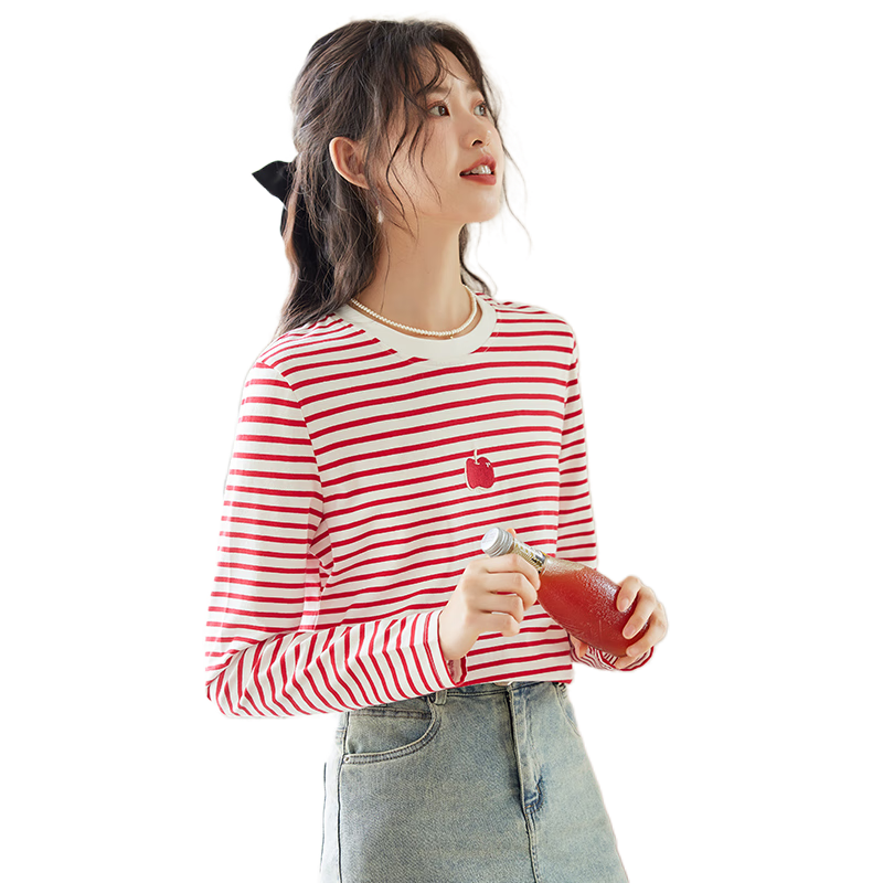 Halo Queen Long-Sleeve T-Shirt for Women, Round Neck, Striped Letter Contrasting Colors, Fashionable Versatile Slimming Base Shirt Top, New Product H143T2036