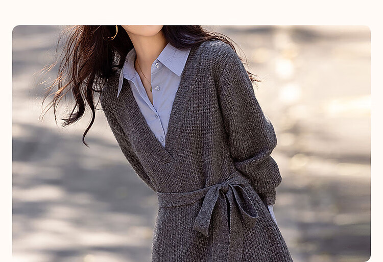 Dme [Tianyan Gaozhi Chande] Winter Faux Two-Piece Color-Block Belt with Breathable Merino Wool A-Line Dress for Wome 4