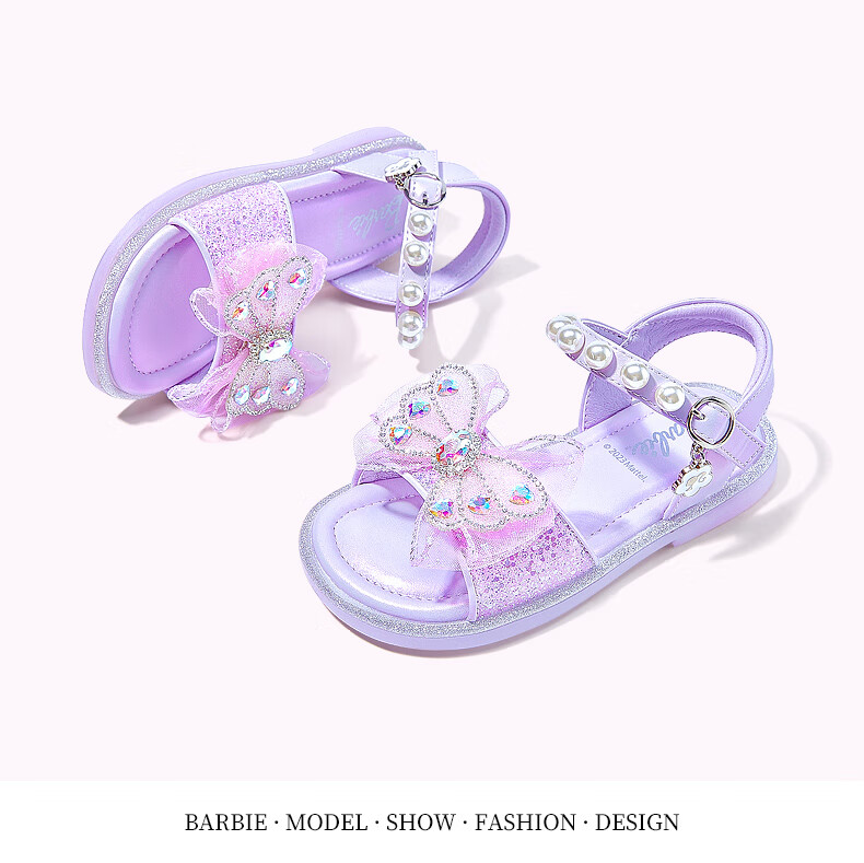 Barbie Children's Shoes, Summer Kids' Sandals, Girls' Butterfly Bow Open-Toe Sandals, Crystal Shoes DA5939, Light Purple, Size 28 17