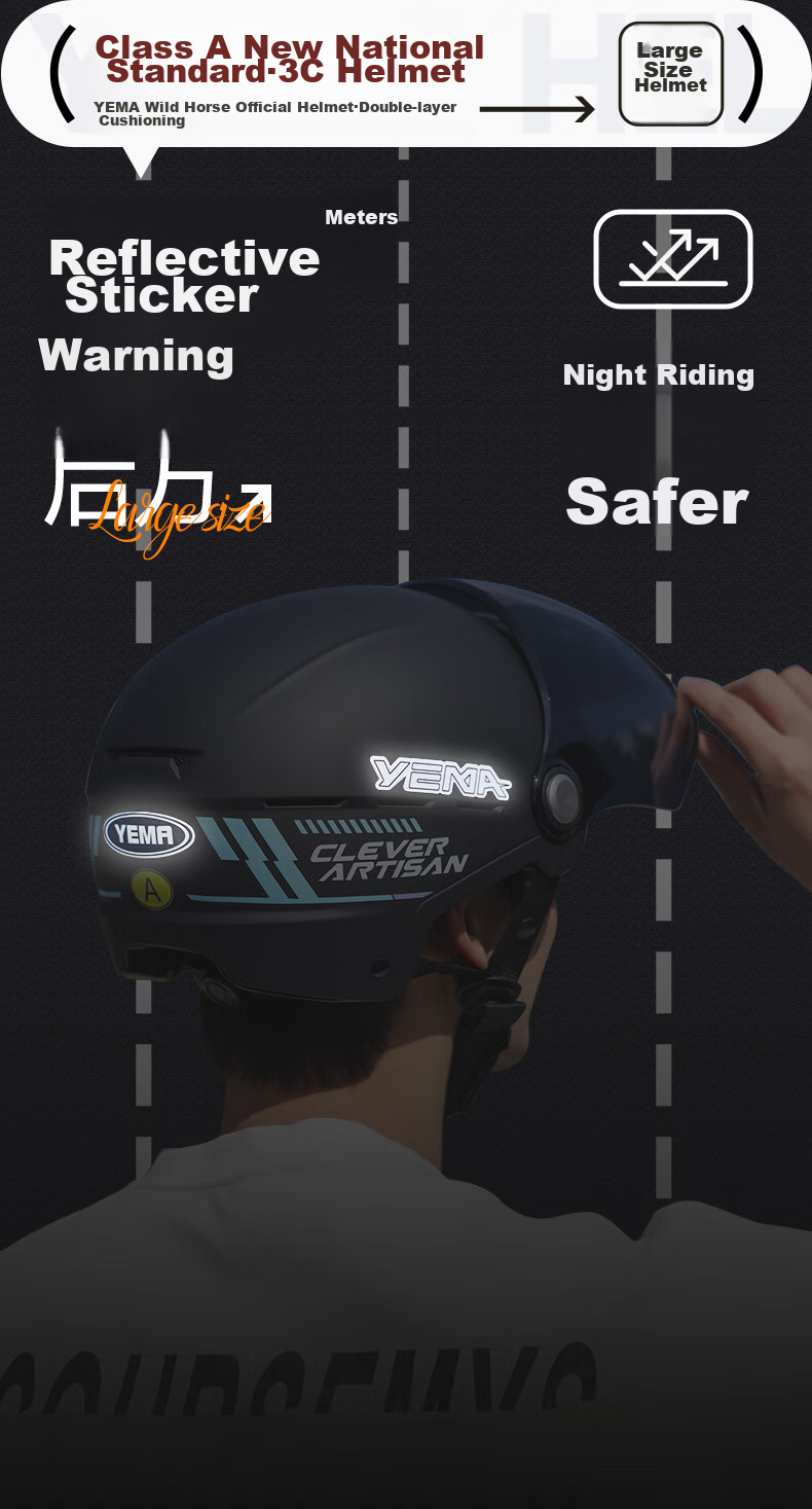 YEMA 3c Certified New National Standard Class A 365S Electric Scooter Helmet, Summer Half-Helmet for Men And Women, Large Size for Big Head Circumference, Motorcycle Safety Helmet, Khaki with Transparent Long Visor 13