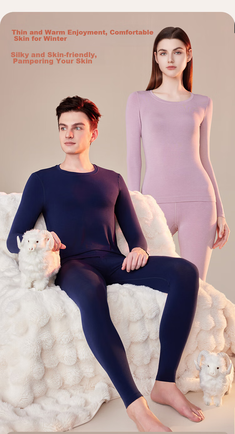Ordifen [Wool Modal Set] Men's Thermal Underwear, Winter Round Neck Top And Pants, Seamless Navy Blue, Size L 10
