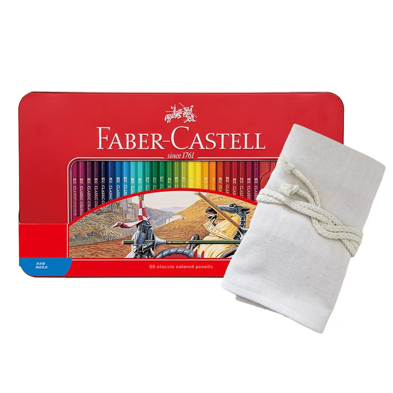 Faber-Castell Oil-Based Colored Pencils, 60 Colors + 60 Holes, Drawing Pencil Set with Pen Holder, 115865 Red Tin Box Packaging, Art Sketching Pencils