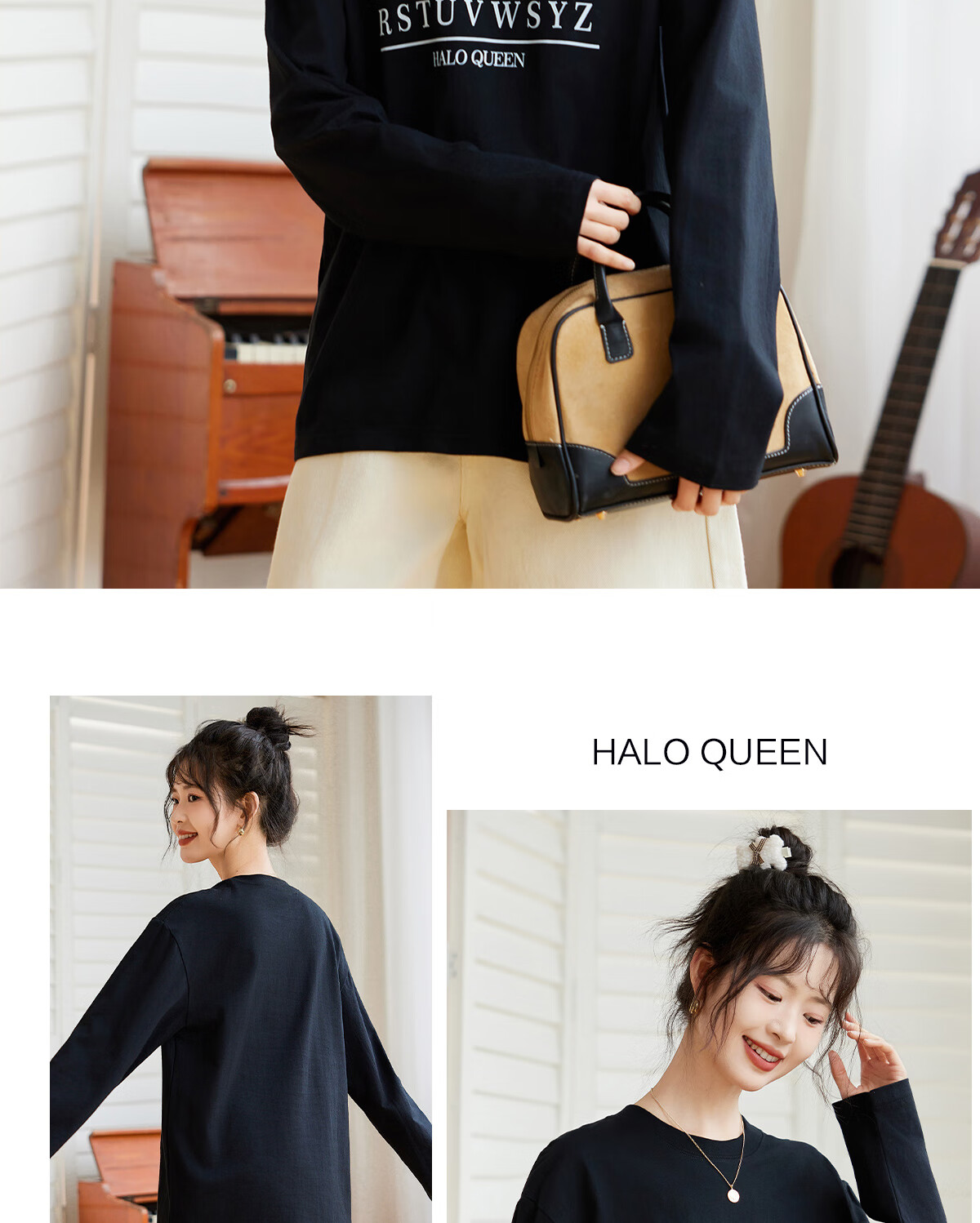 Halo Queen Women's Long Sleeve Cotton T-Shirt Spring Autumn Round Neck Letter Bow Print Casual Base Shirt New H143T2009 50
