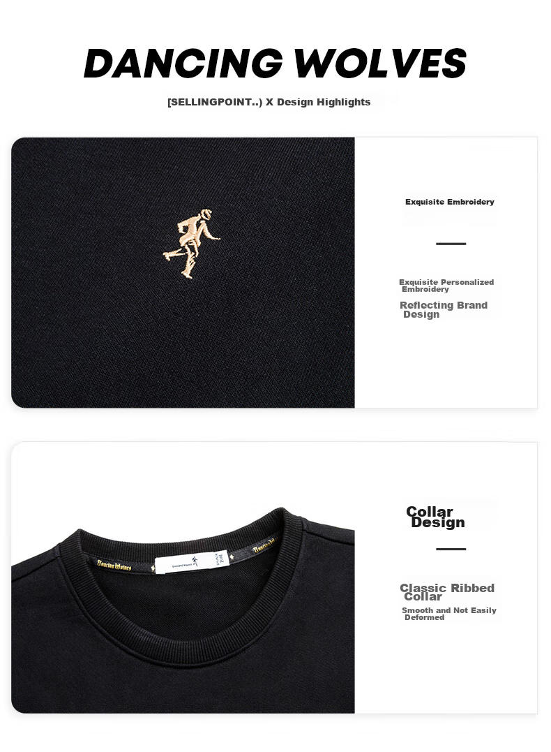 DANCING WOLVES [Kaomian Soft] Simple Embroidery Versatile Casual Pullover Long-Sleeve Men's Sweatshirt, 001 Black, Size 185 6