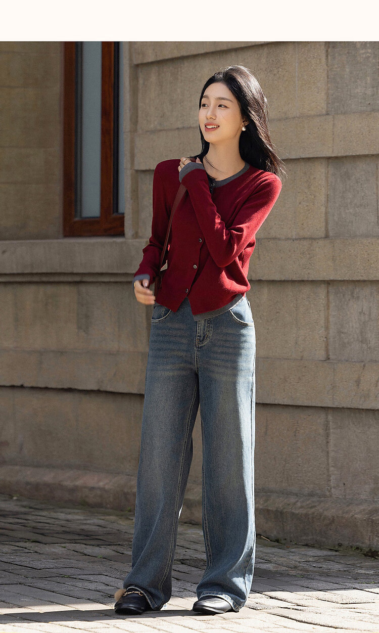 Dme [Jingshu Lingxiang Yichuang] Spring And Autumn Design-Inspired Faux Two-Piece Contrasting Color Sweater with Decorative Button Knit Top for Wome 23