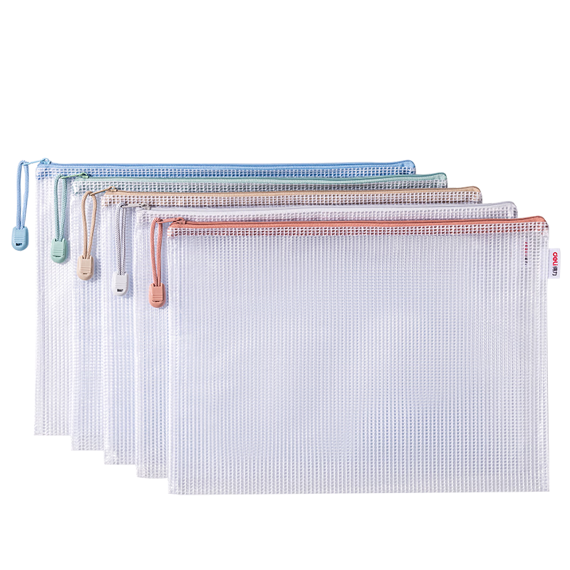 Deli Back-To Stationery, 5 A4 File Folders with Mesh Zipper, Colorful Student Subject Classification Pouches, Morandi Color Series Mixed Colors 63483