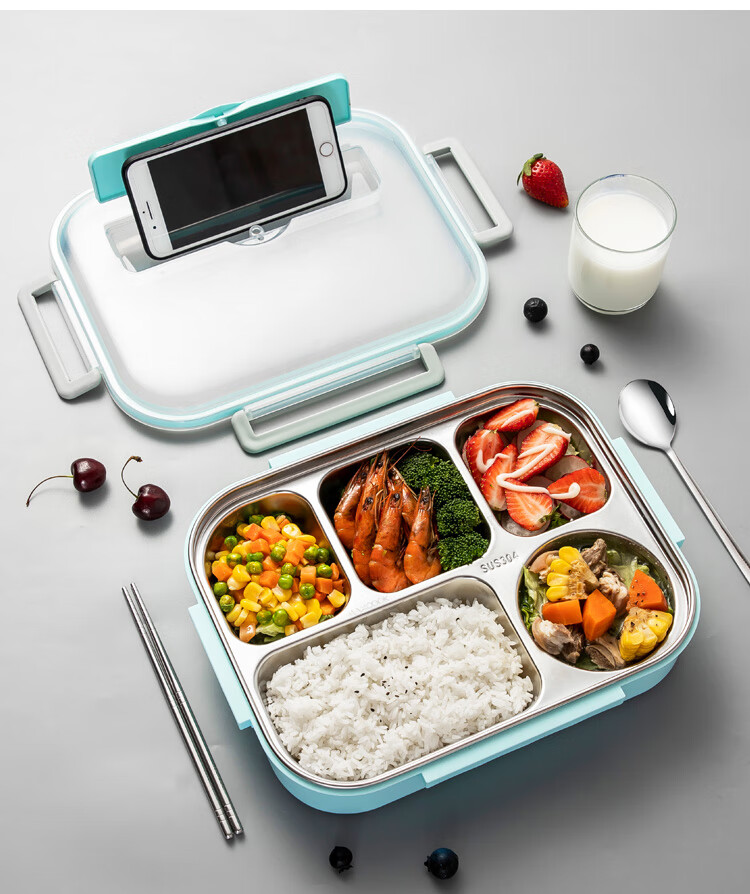 MAXCOOK 304 Stainless Steel Lunch Box Large Deep Five-Compartment Student Lunch Box 2L with Cutlery Soup Bowl Insulated Bag MCFT8772 14