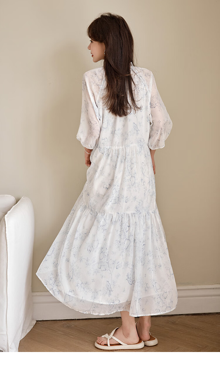 Dme Floral Print Pleated Dress Summer Fresh Three-Quarter Sleeve Long Dress, Floral Print, Size L 14