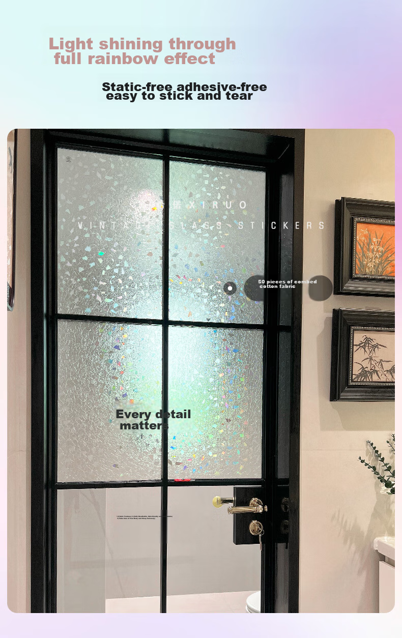 Xiruo Frosted Glass Film Privacy Opaque Bathroom Balcony Window Anti-Peeping Rainbow Glass Sticker, 60*200cm 5