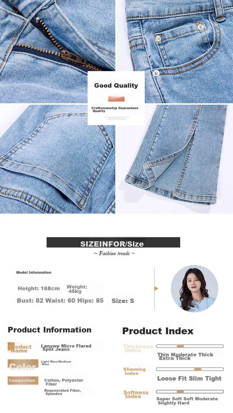 Langsha Micro Flare High-Waisted Slim-Fit Jeans for Women, Spring And Autumn Season, Butt-Lifting, Slimming, Side Slit, Flared Pants, Blue Casual Long Trousers 9