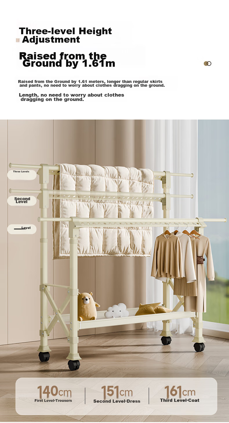 Cenggao Clothes Drying Rack, Floor-Standing No Installation Required, Home Balcony Folding Drying Pole, Third Generation Milk White Color, Height Adjustable, Large Size 5