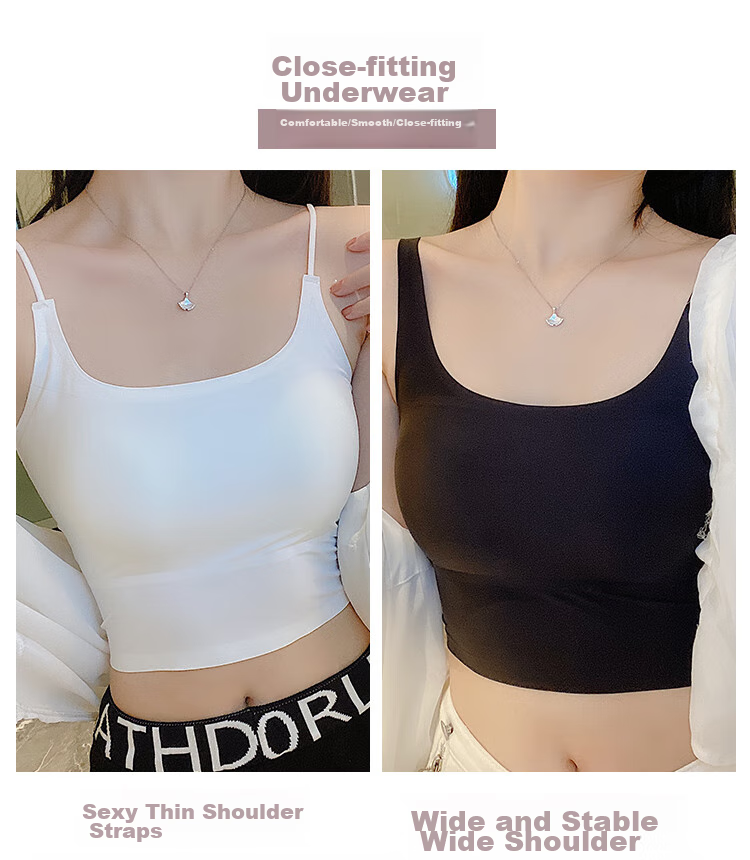LangSha Camisole Tank Top for Women with Built-In Bra Pads, Inner Or Outer Wear, Ice Silk Summer Undershirt, Bandeau Style, White + Black, 2 Pieces 3