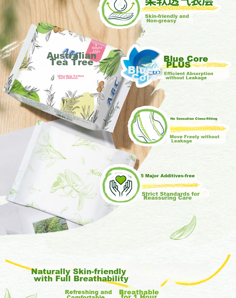 ABC Australian Tea Tree Extract Ultra-Thin Breathable Overnight Sanitary Napkins, Sold by JD, Menstrual Pads, 280mm*8 Pieces 4