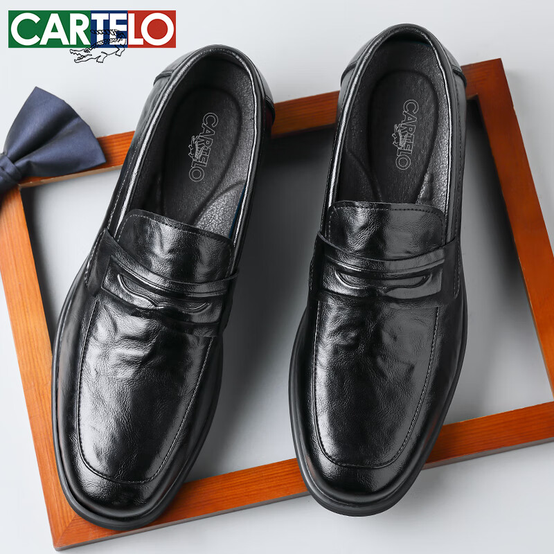 CARTELO Men's Leather Shoes, Soft-Soled Slip-On Business Casual Shoes, Loafers, Breathable Slip-On Leather Shoes for Men, 9906 Black, Size 38