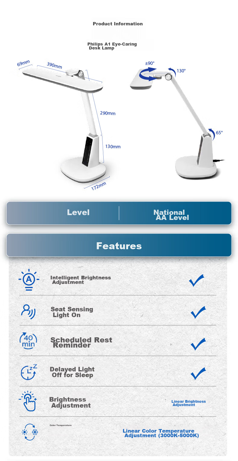 PHILIPS Reading Eye Protection Desk Lamp, Self-Operated Home Use, Full Spectrum, National AA Grade, for Students And Children, Anti-Blue Light, A1 17