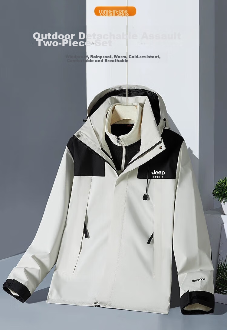 JEEP SPIRIT Men's Windproof Hooded Mountaineering Jacket for Spring, Autumn And Winter, Three-In Coat, Ivory White, Size L 5