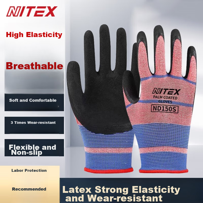 SHENGLI Work Gloves, Gardening Gloves, Wear-Resistant, Non-Slip, Thin, Latex-Coated, Highly Elastic, Breathable Rubber Gloves, for Handling And Work, ND150S, 12 Pairs