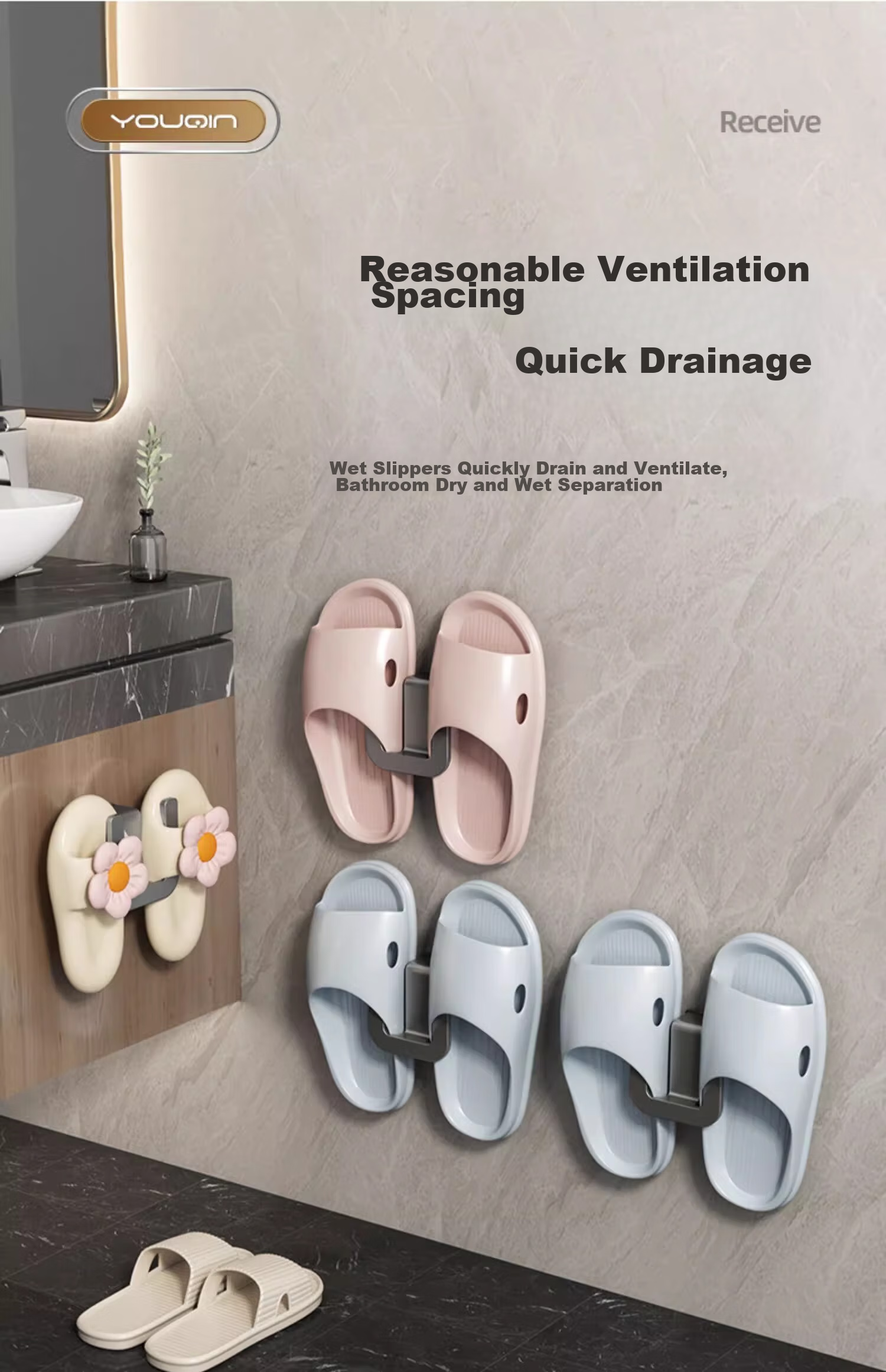 YOUQIN Slippers Storage Rack, No Drilling Required, Wall-Mounted Bathroom Slipper Holder, Behind-Door Shoe Rack with Drip Hooks 9
