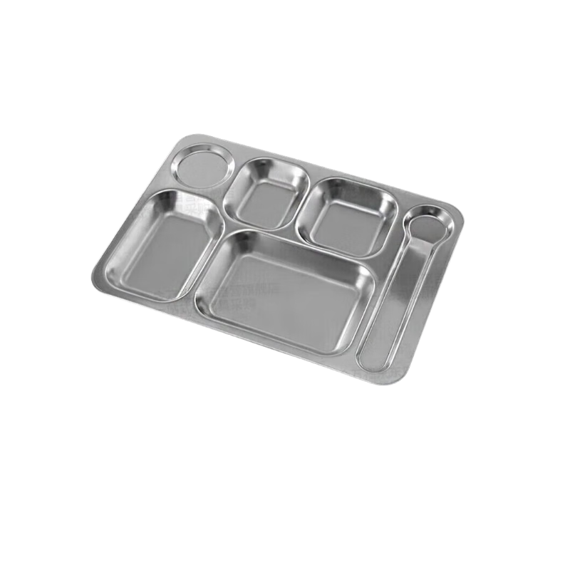 Jinwanfu Stainless Steel Dining Tray, School Canteen Plate, 304 Stainless Steel Compartmented Tray, New Large Spoon Six-Compartment Tray