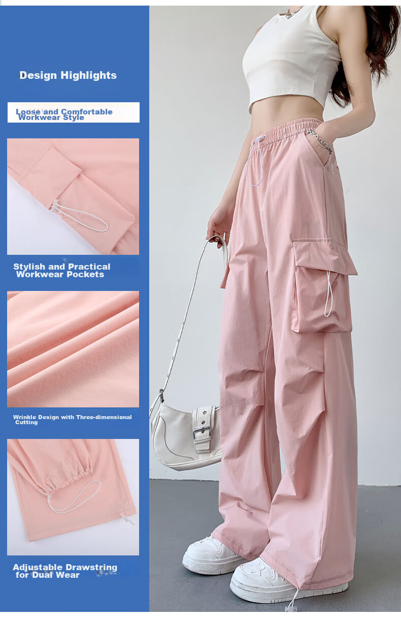 LangSha American-Style Parachute Cargo Pants for Women, Summer Ice Silk High-Waist Wide-Leg Loose Casual Quick-Dry Outdoor Sports Pants for Wome 7