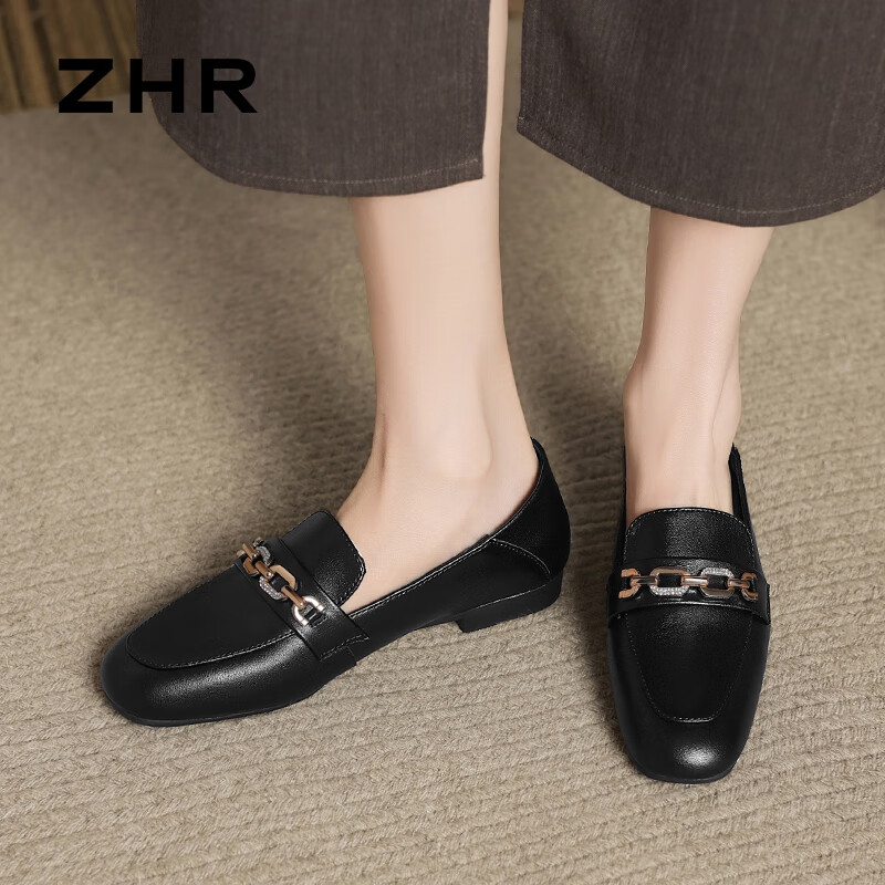ZHR Flat Women's Shoes for Spring And Autumn, Slip-On Loafers, Versatile Commuter Shoes with Soft Soles, Leather Shoes AH608 Black Size 38