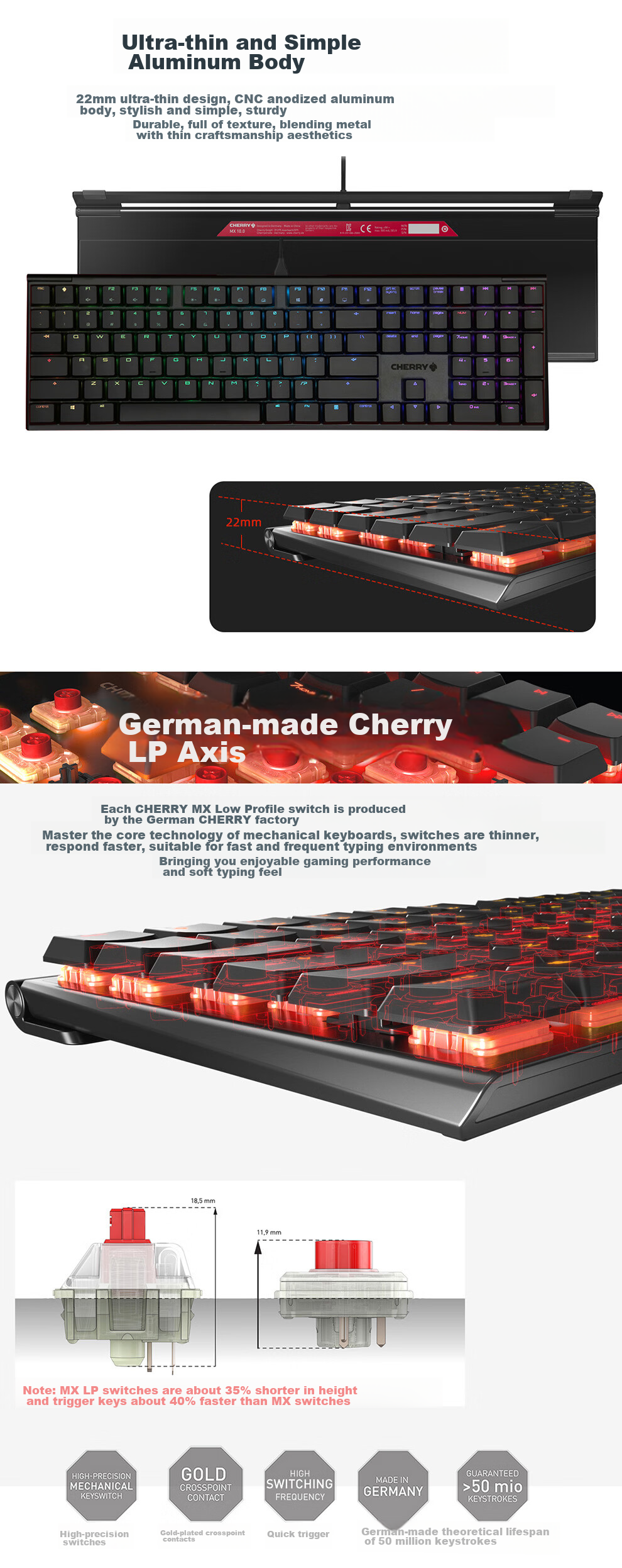 CHERRY MX10.0 Wired Keyboard, Gaming Keyboard with RGB Lighting Effects, Ultra-Thin Body, Office Keyboard, Alloy Shell, White, MX LP Switches 2