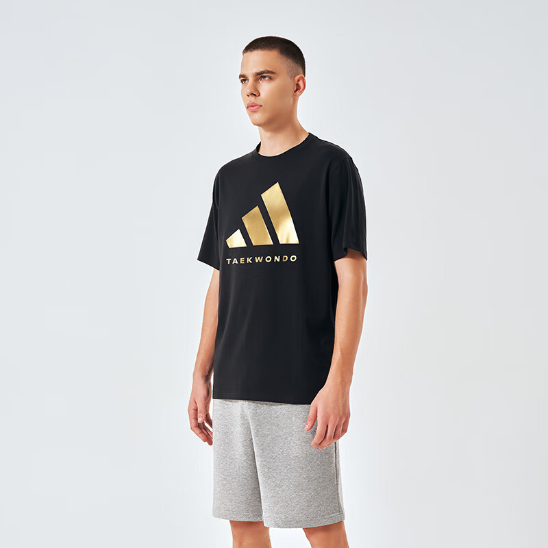 Adidas Men's Short-Sleeve T-Shirt, Spring And Summer Casual Sports Breathable Lightweight Round Neck Tee, Black/gold (Quick-Dry), Size S