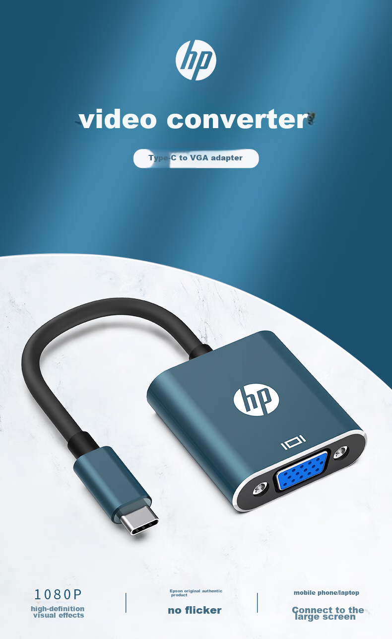 HP Type-C to VGA Converter Cable, USB-C Adapter, Docking Station, Universal for Apple MacBook Laptops, Huawei Phones, Splitter, Screen Mirroring Extender 1