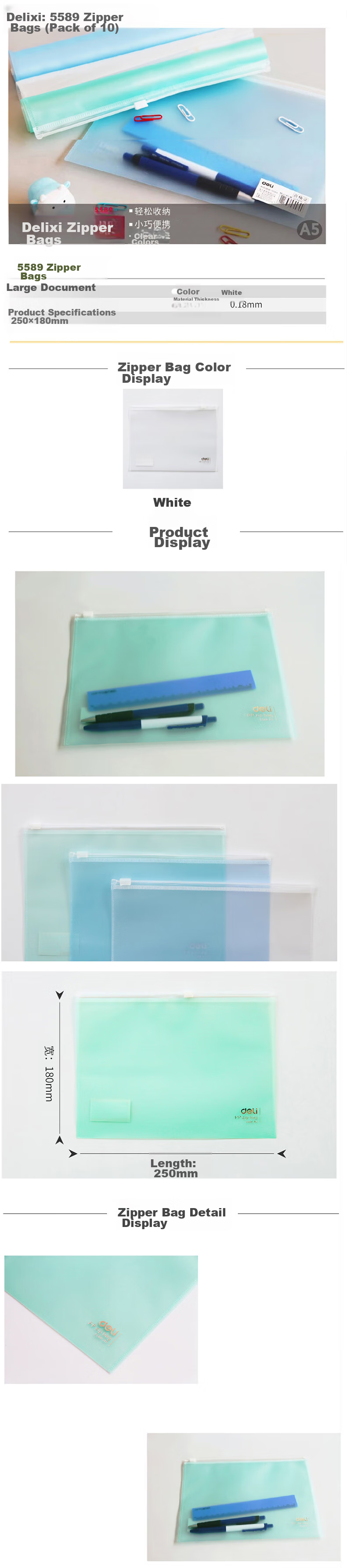 Deli School Supplies, 12 Pieces/A5 Transparent Subject Classification File Folders for Elementary Students, Waterproof Zipper Pouches, Exam Paper Storage, Financial Document Organizer, 5524 1