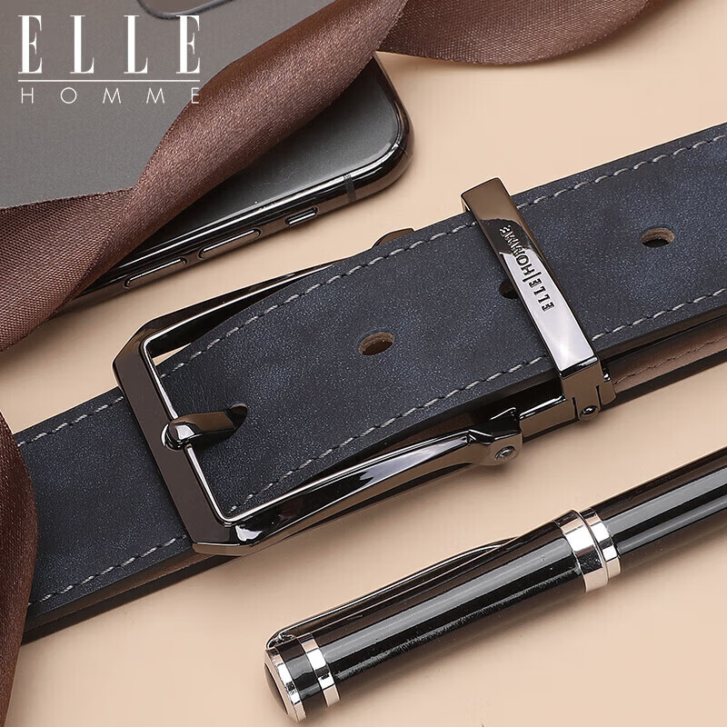 ELLE HOMME Men's Leather Belt with Pin Buckle, Top-Grain Cowhide Casual Trouser Belt for Men, Birthday Gift for Boyfriend