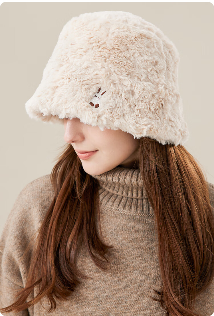 JIUMU Faux Rabbit Fur Warm Fisherman Hat, Autumn And Winter Face-Slimming Bucket Hat, Versatile Bucket Cap, Winter Hat, Windproof And Cold-Resistant Hat for Wome 14