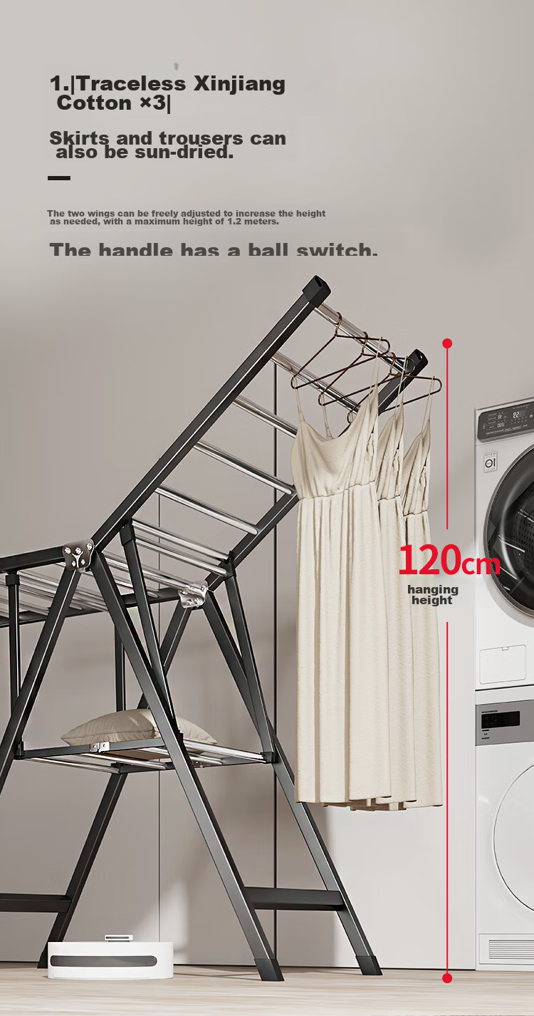 QIAONAMEI Clothes Drying Rack, Floor-Standing Foldable Hanger, Indoor Drying Pole, Balcony Quilt Drying Tool, Clothes Rack 4147BK 5