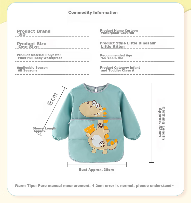 9I9 Baby Romper, Crawling Suit, Anti-Dirt Infant Bodysuit, Water-Resistant Protective Clothing, Dinosaur A126 2