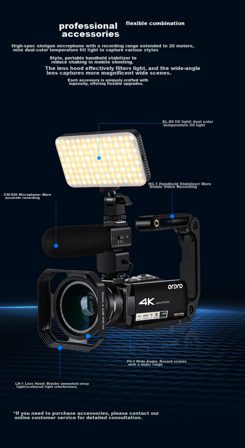 ORDRO AC7 4K HD Camera Professional Live Streaming Camera Digital DV Recorder, 10x Optical Zoom Vlog Short Video Home Travel Conference All-In Camera Recorder 17