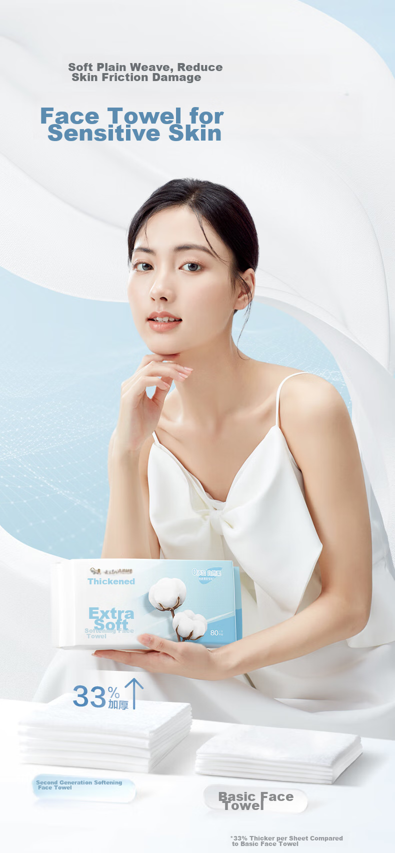 PurCotton Facial Cleansing Wipes, 80 Sheets * 3 Packs, Thickened 100% Pure Cotton Soft Tissues, Disposable Face Towels, 20*20CM 8