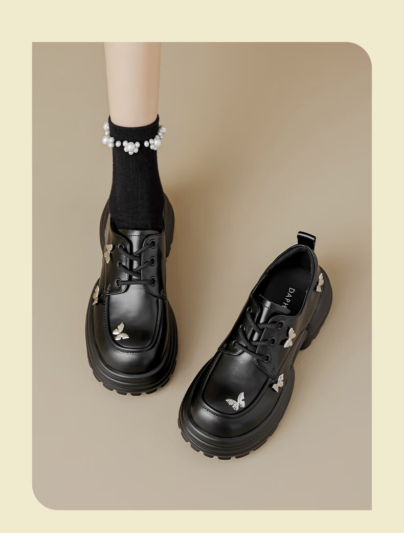 DAPHNE Thick-Soled Butterfly Leather Shoes for Women, 2026 Stylish Lace-Up Platform Loafers, British Style Soft Cake JK Flats 6