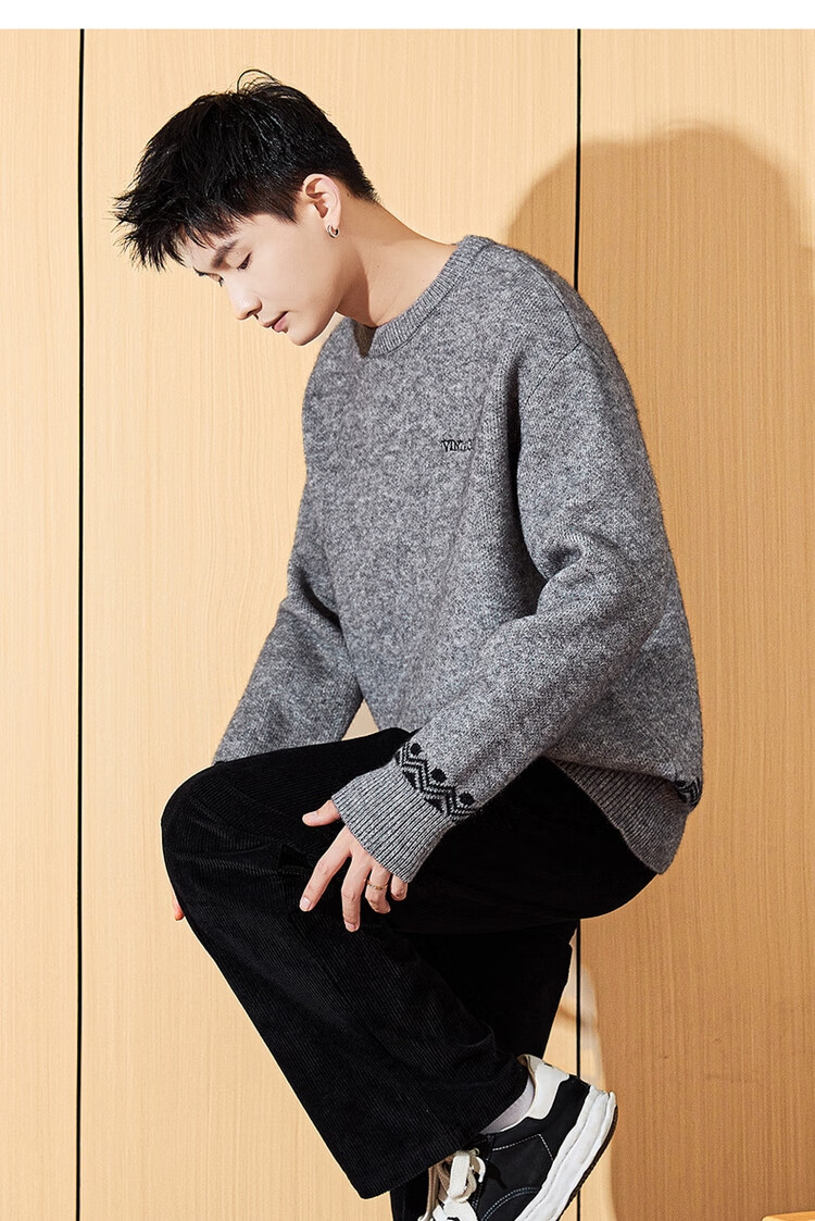 TonLion 2024 Men's Crew Neck Colorblock Pattern Knit Sweater Graphite Gray XL 5