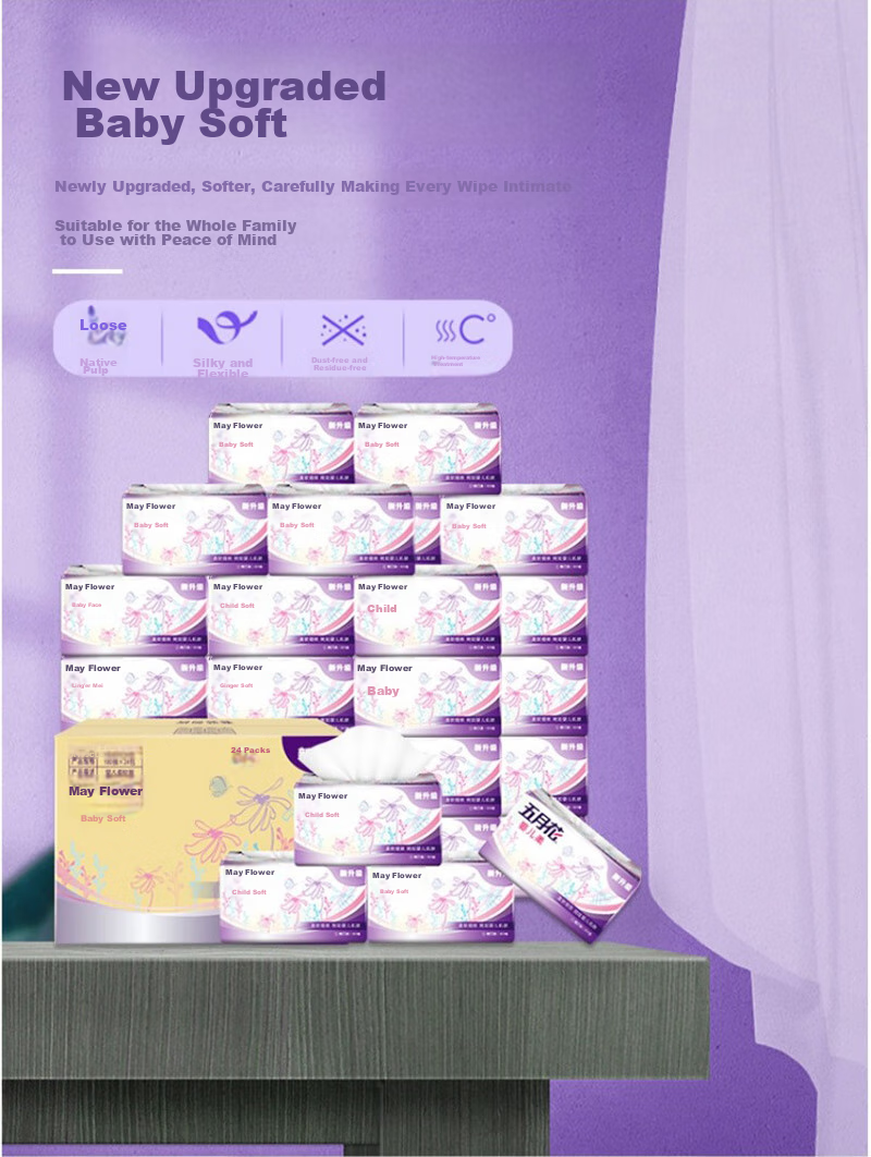 May Flower Facial Tissues, 3-Ply, 120 Sheets*20 Packs, M Size, Soft And Thick Skin-Friendly Tissues, Bulk Pack 3