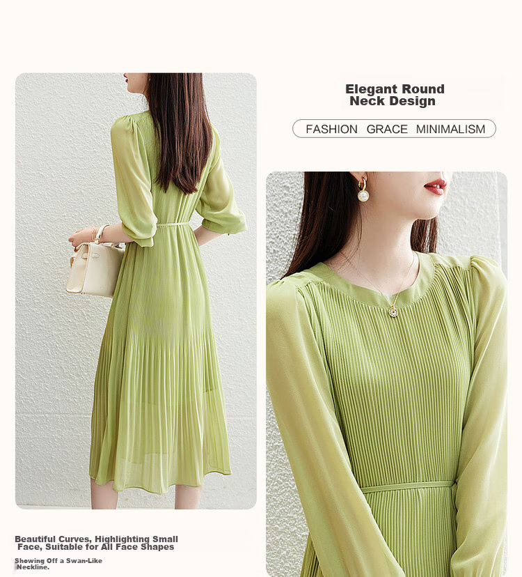 Dme [Waving Sleeve to Capture Fairy Dust] Spring And Autumn Round Neck Pleated Puff Sleeve Waist-Cinching Tie A-Line Dress for Women, Mid-Length Style 5