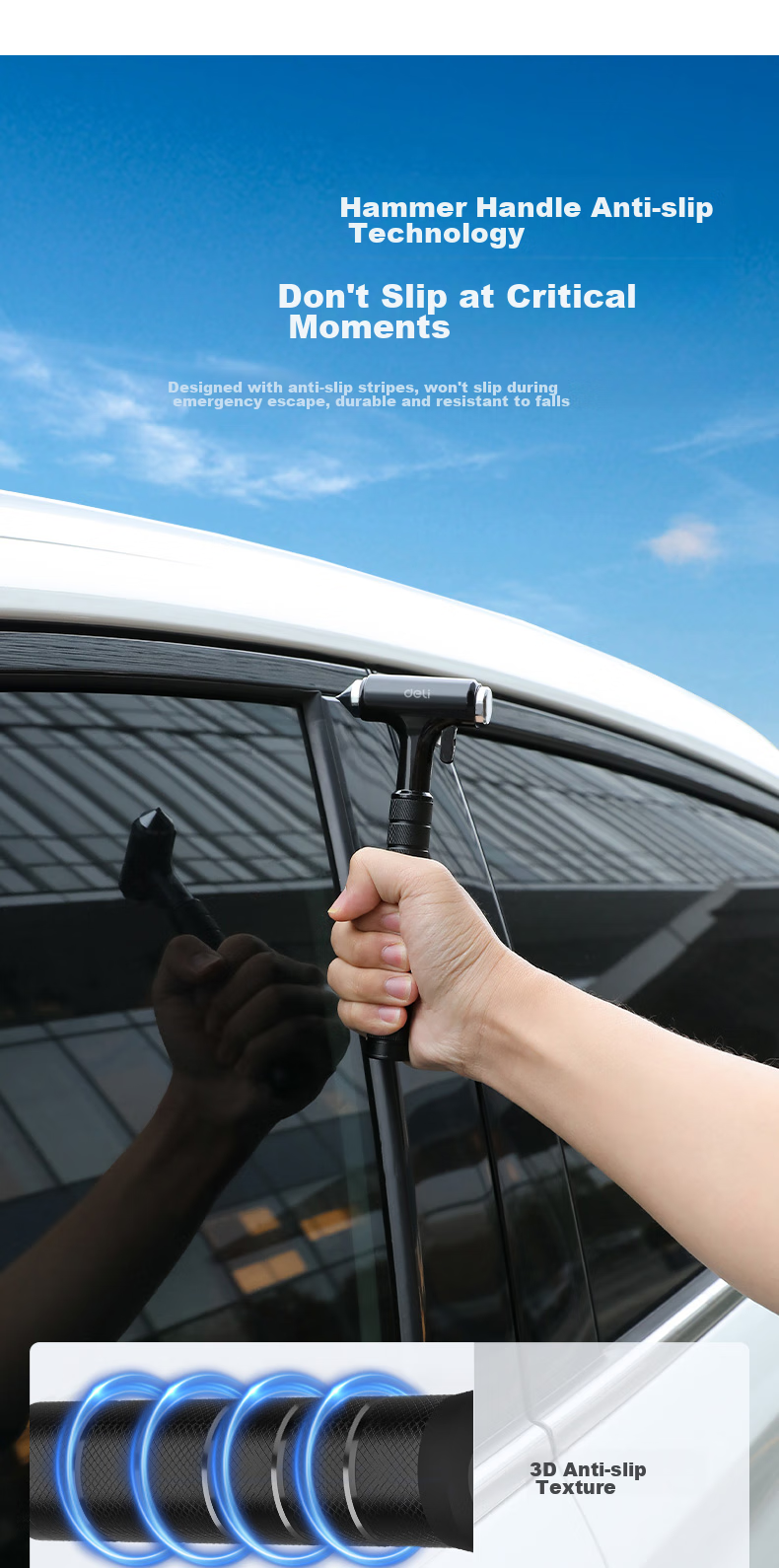 Deli Car Safety Hammer Window Breaker Tool with All-Metal Handle, High-Intensity Flashlight, And Cutter Three-In Compatible with Xiaomi SU7 6