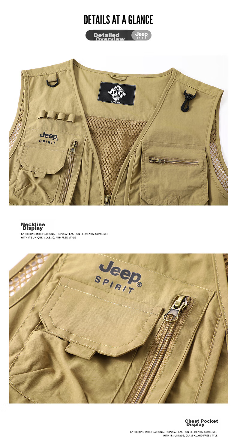 JEEP SPIRIT Men's Vest, Spring And Autumn Outdoor Fishing Multi-Pocket Sleeveless Jacket, Military Green, 2XL 18