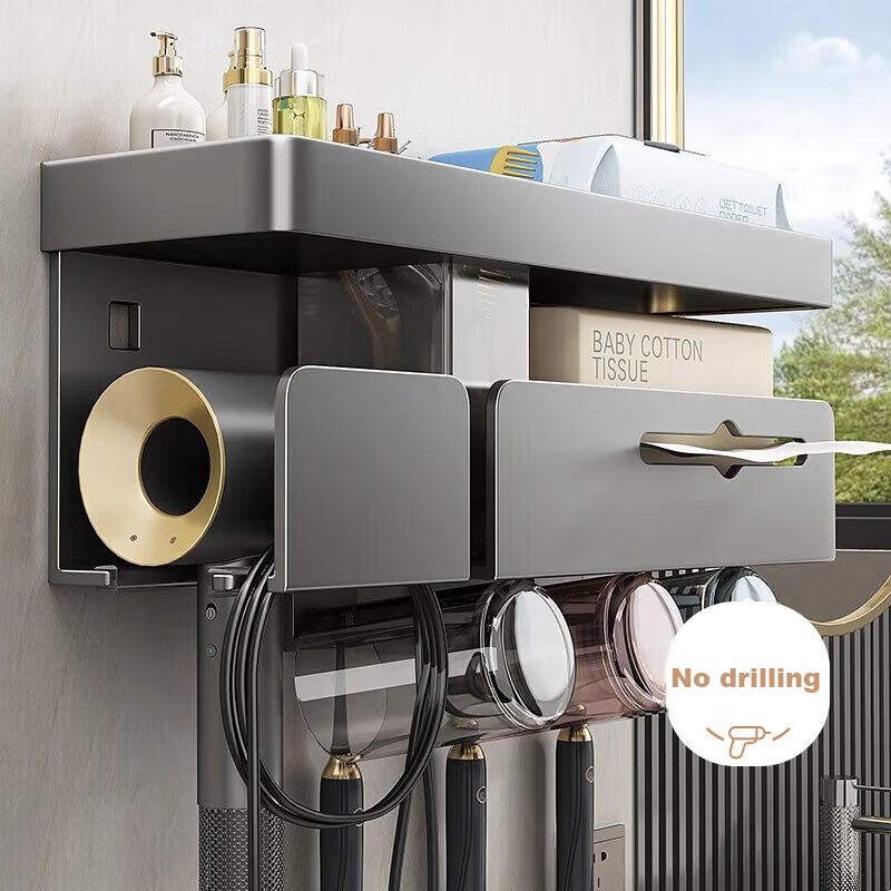 MUYA Electric Toothbrush Holder, Bathroom Storage Rack, Toilet And Bathroom Rinsing Cup, Multifunctional Hair Dryer Wall-Mounted Rack